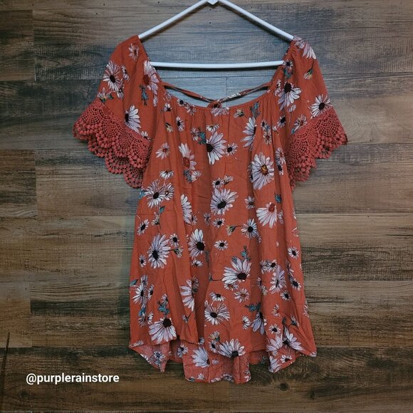 Maurices Floral Top 1X Crochet Lace Trim Gauzy Crinkle Terracotta Tie Neck Boho - Picture 1 of 9